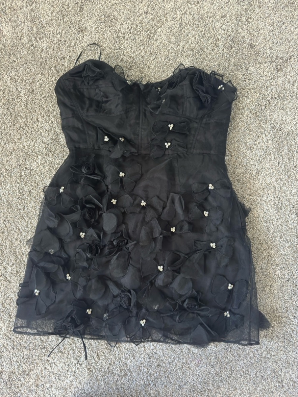 LoveShackFancy Black Floral Appliqué Mini Dress